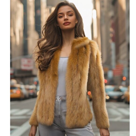 Dyed Fox Waist Jacket with Leather Accent Panels, Size Sm/Med - Picture 2 of 9